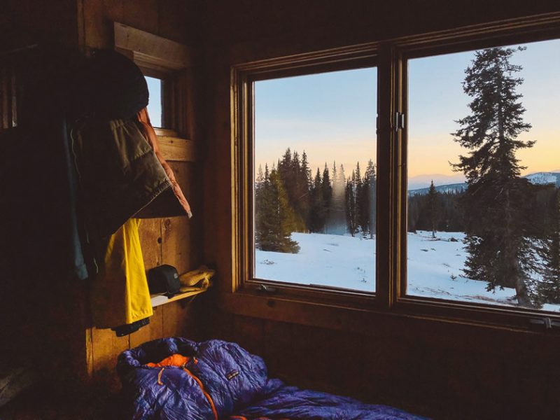 Window and snow with sleeping bag